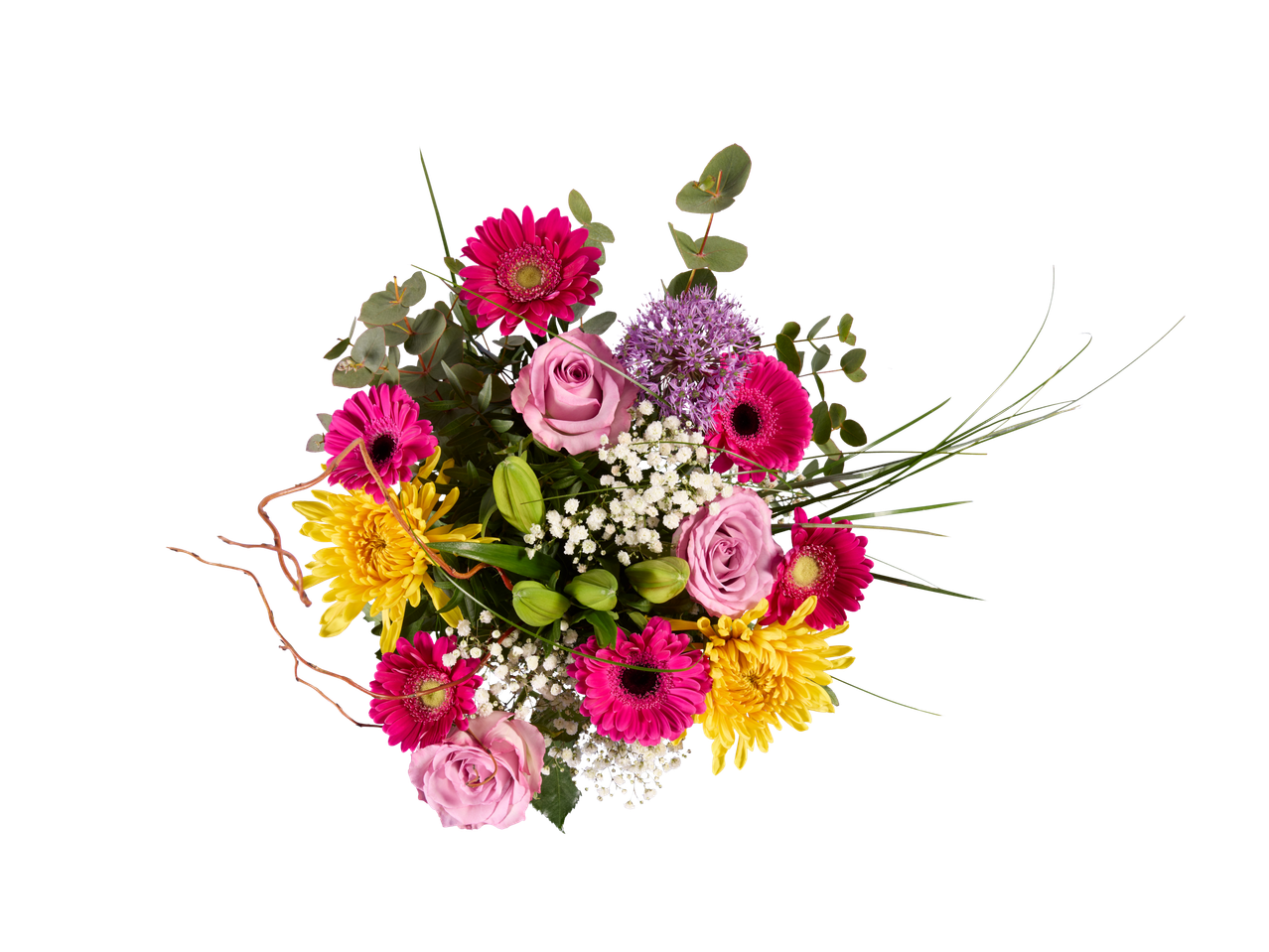 Bunter Blumenstrauß mit pinken Gerbera, gelben Chrysanthemen und rosa Rosen auf schwarzem Hintergrund.