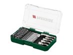 A green and clear plastic case filled with various screwdriver bits and nut setters.