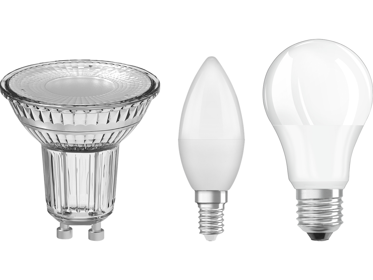Tre olika LED-lampor: en GU10-spotlight, en E14-kronlampa och en E27-standardlampa.