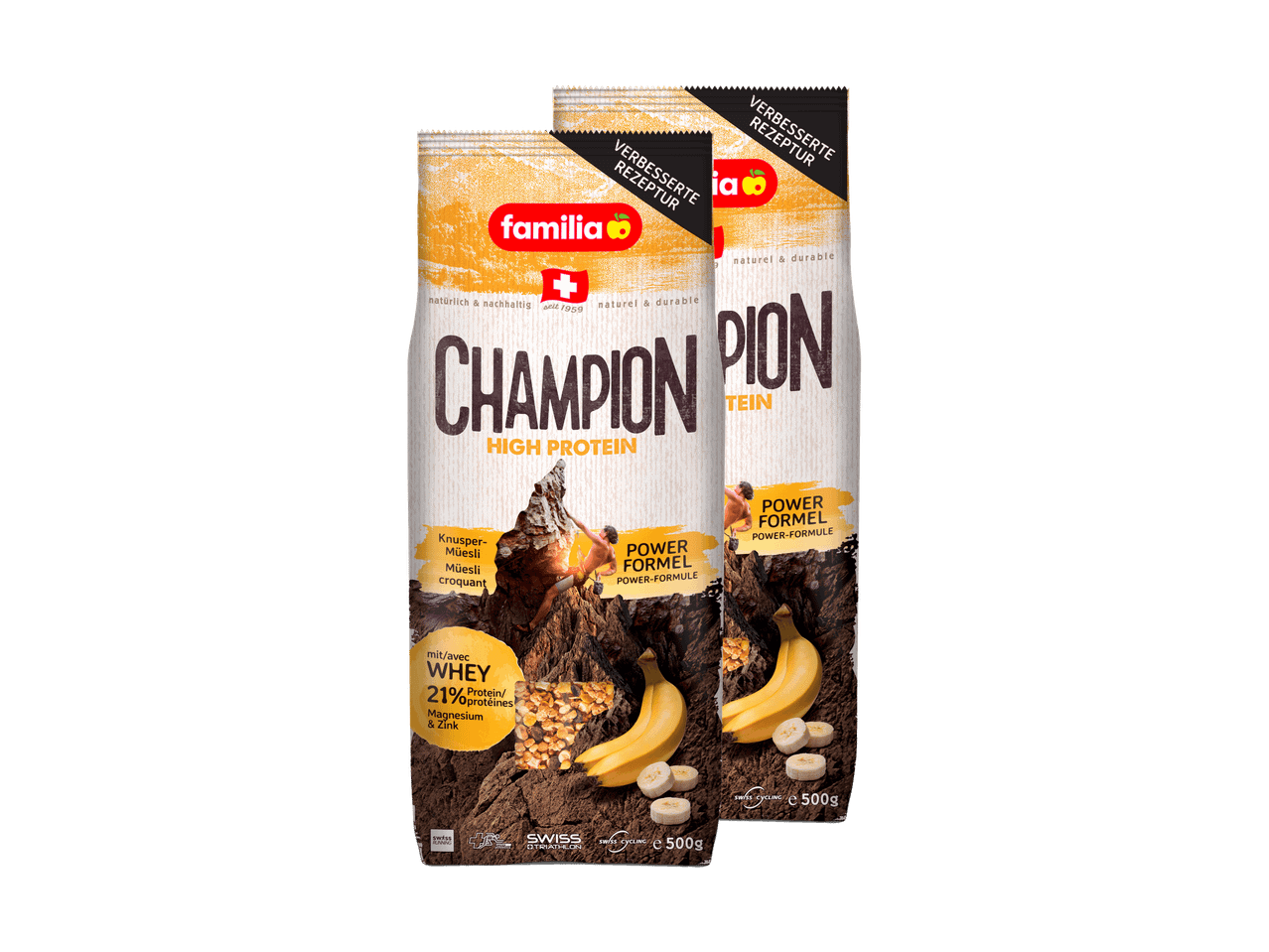 Zwei Packungen Familia Champion High Protein Müsli mit Banane und Nüssen.