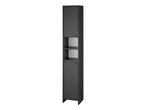 A tall, black bathroom cabinet with two doors and two shelves.