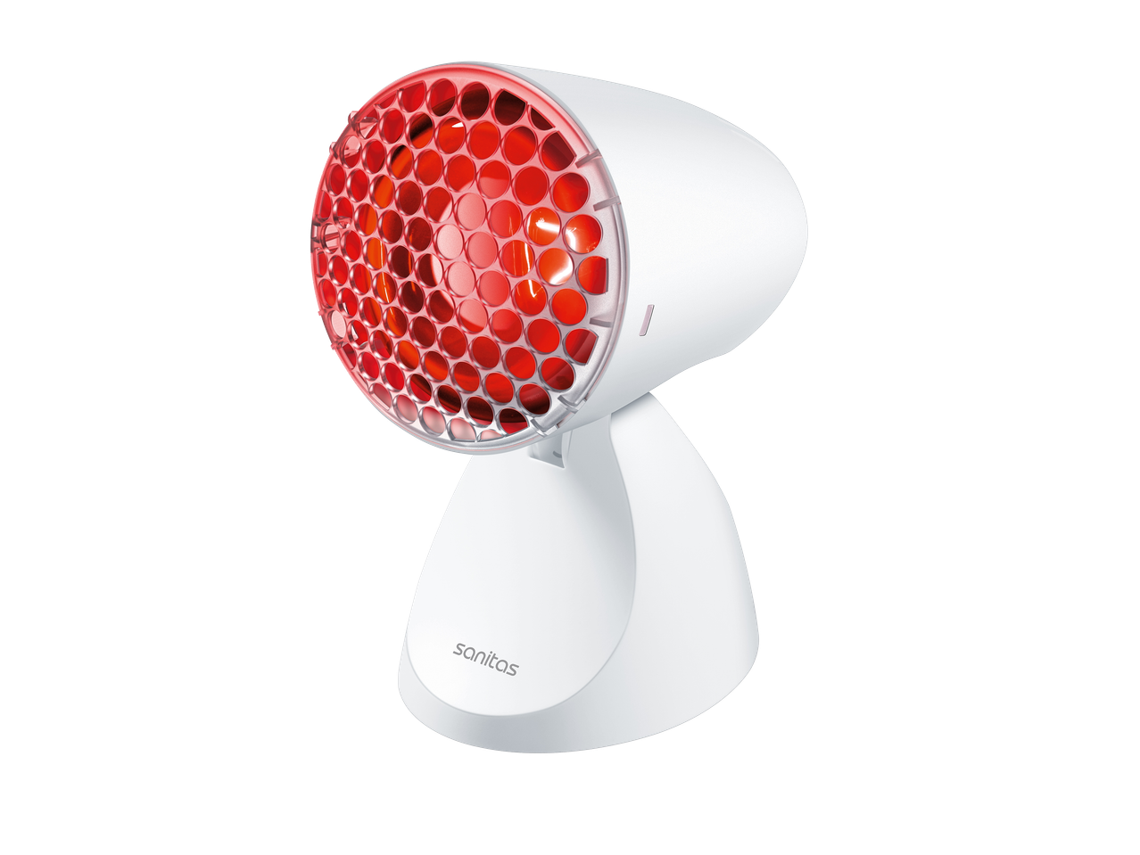 Lampe infrarouge Sanitas blanche avec grille rouge, sur fond noir.
