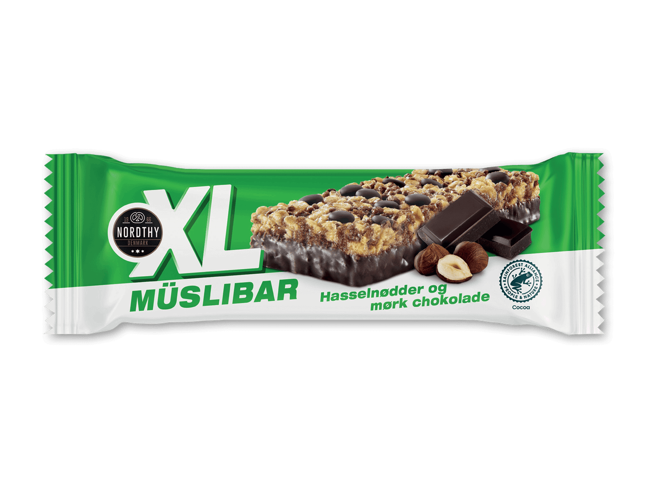 XL müslibar med hasselnødder og mørk chokolade.