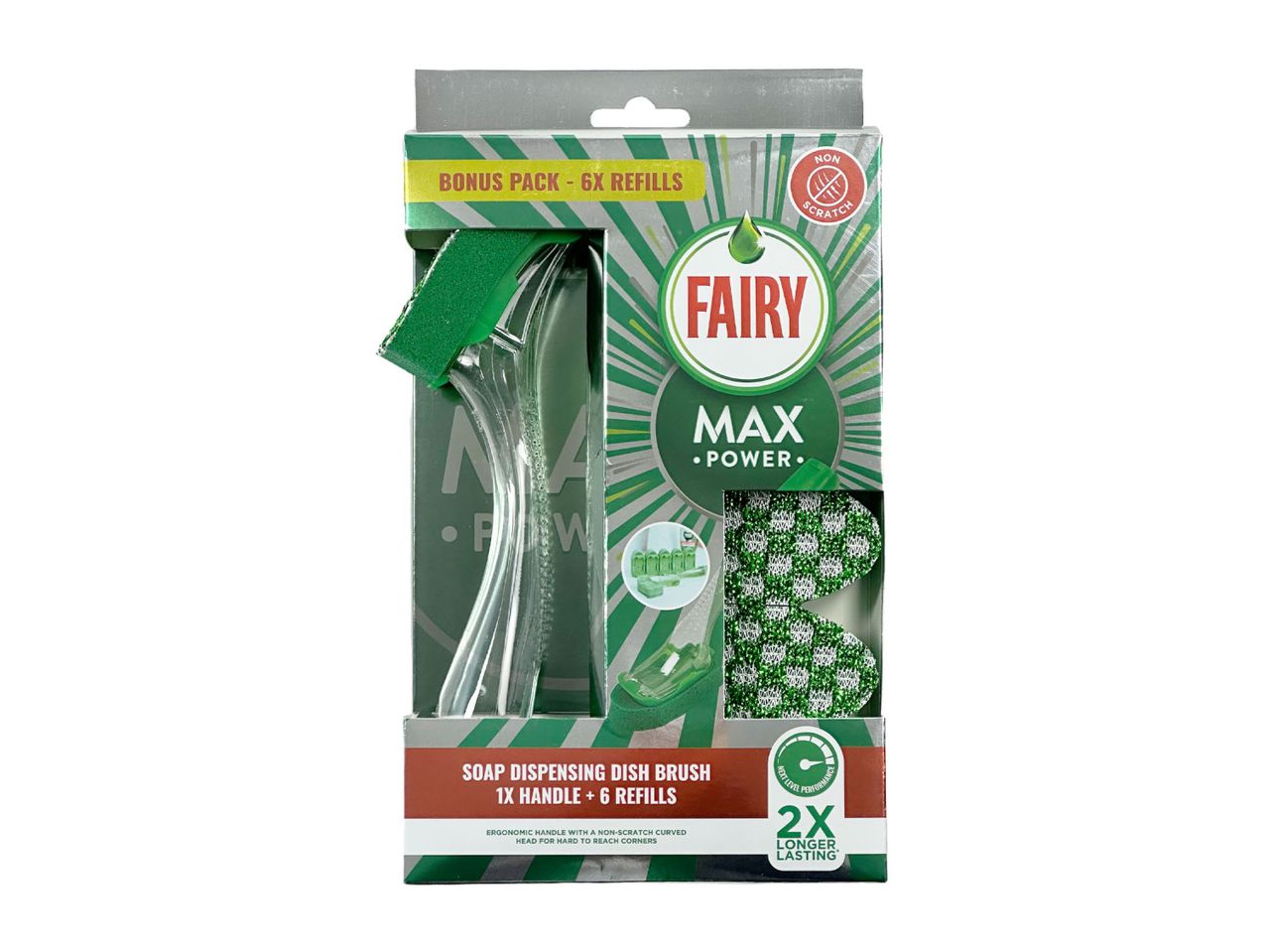 Soap dispensing dish brush with 1 handle and 6 refills, featuring a non-scratch head and 2x longer lasting performance.