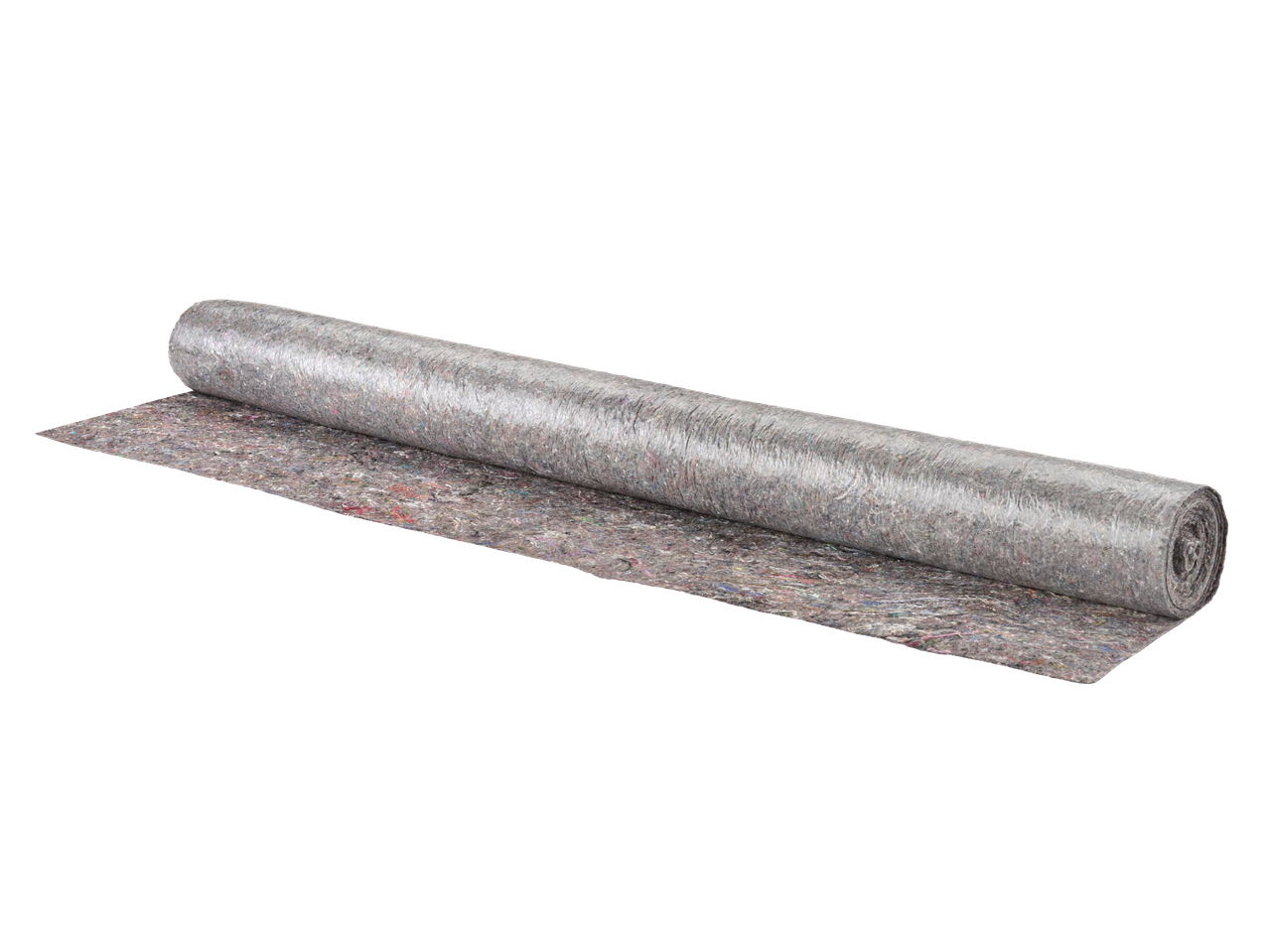 Daļēji izritināts pelēks aizsargfilca rullis ar redzamām krāsainām šķiedrām