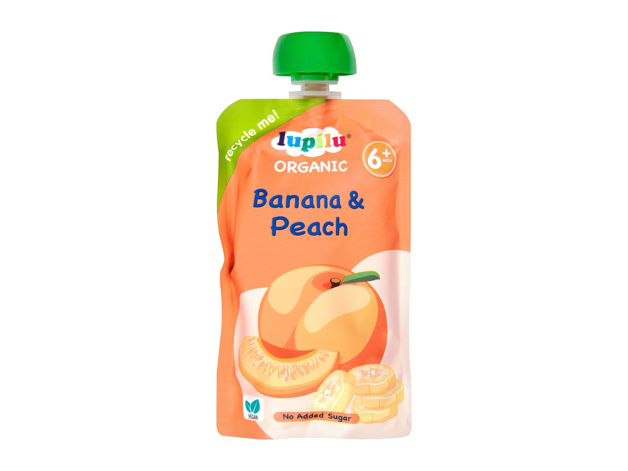 Hipp Organic Banana & Peach baby food pouch.