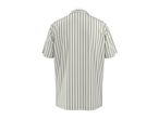 Back view of a men's short-sleeved shirt with vertical grey and white stripes.