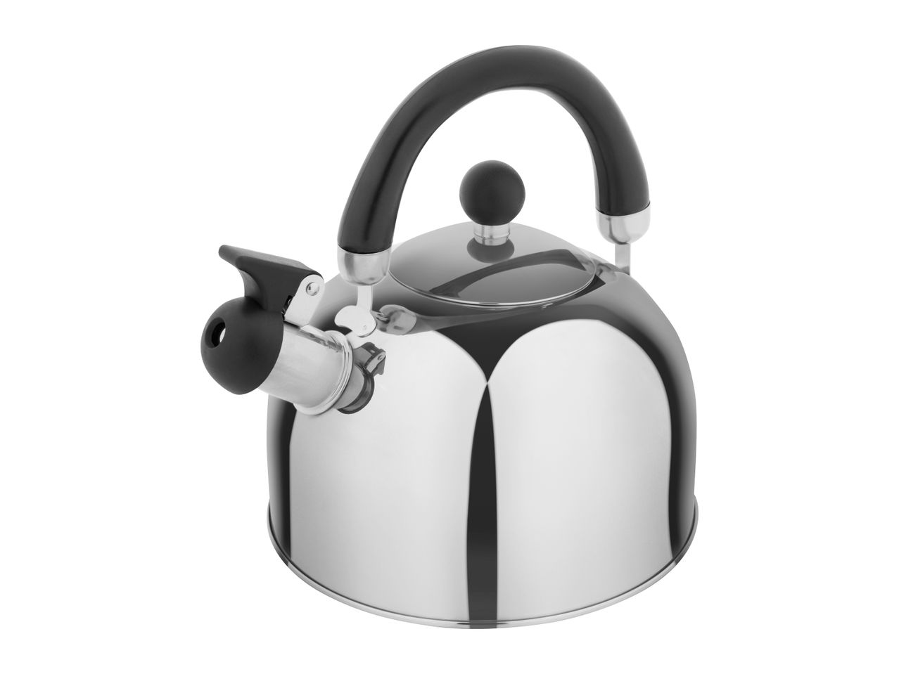 A stainless steel stovetop kettle with a black handle and whistle.