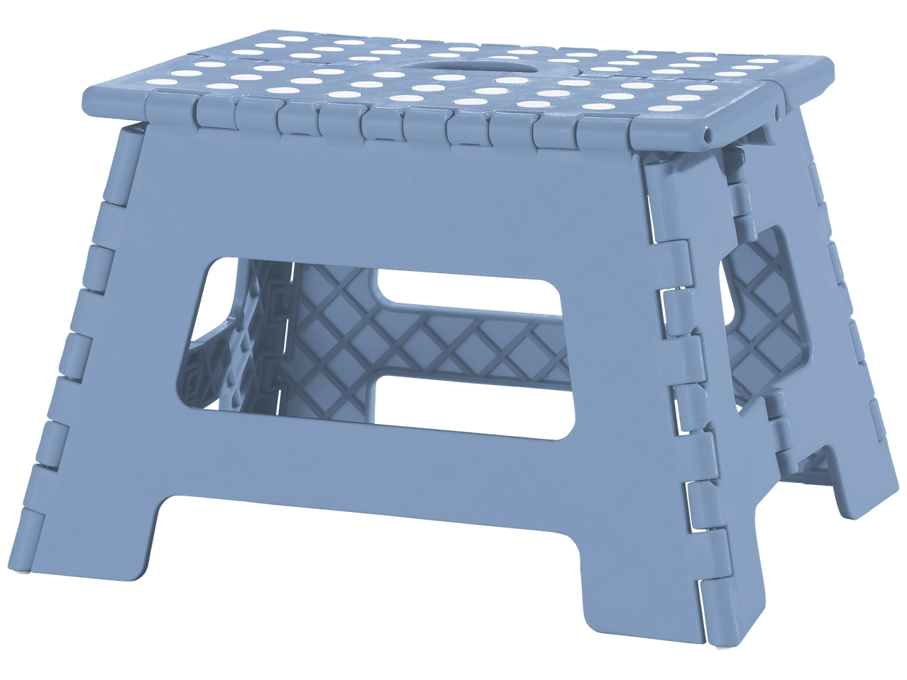 Tabouret pliant en plastique bleu avec surface antidérapante.