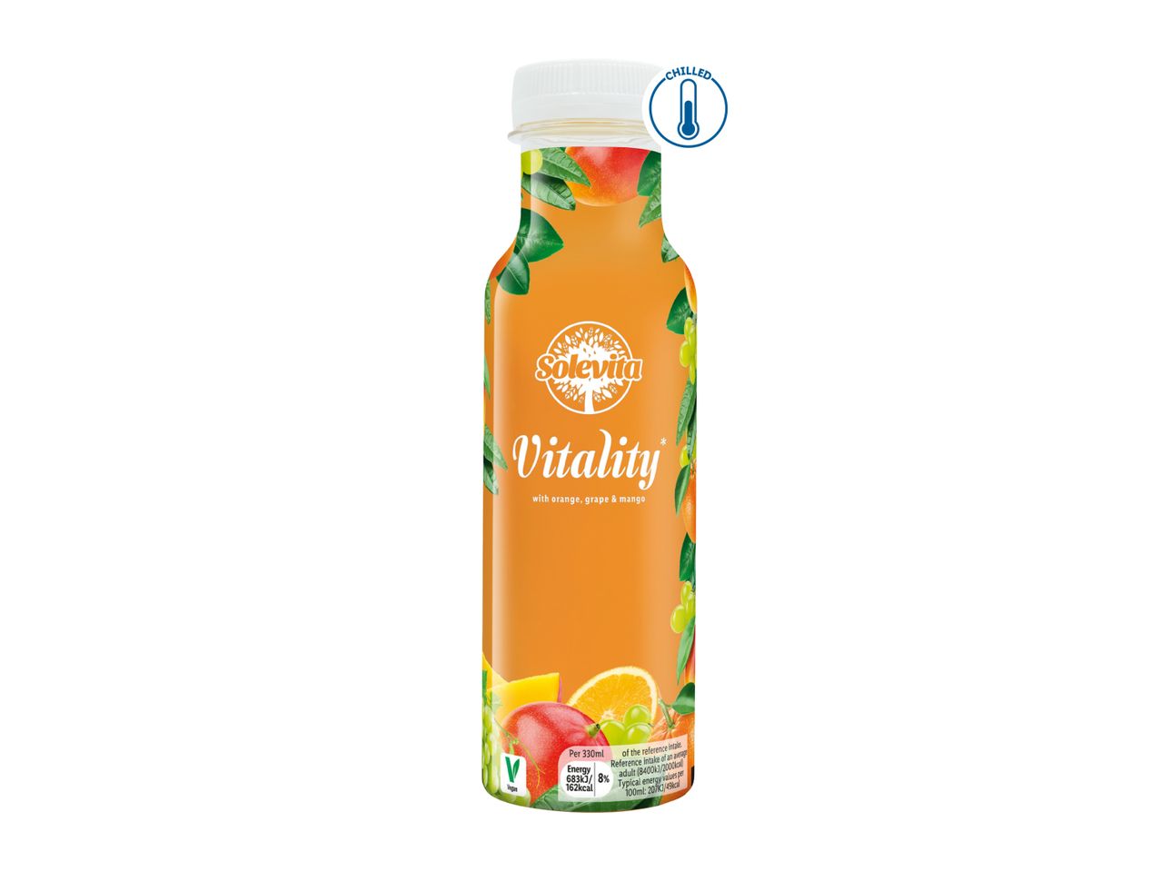 Solevita Vitality juice with orange, grape, and mango, indicating it should be chilled.