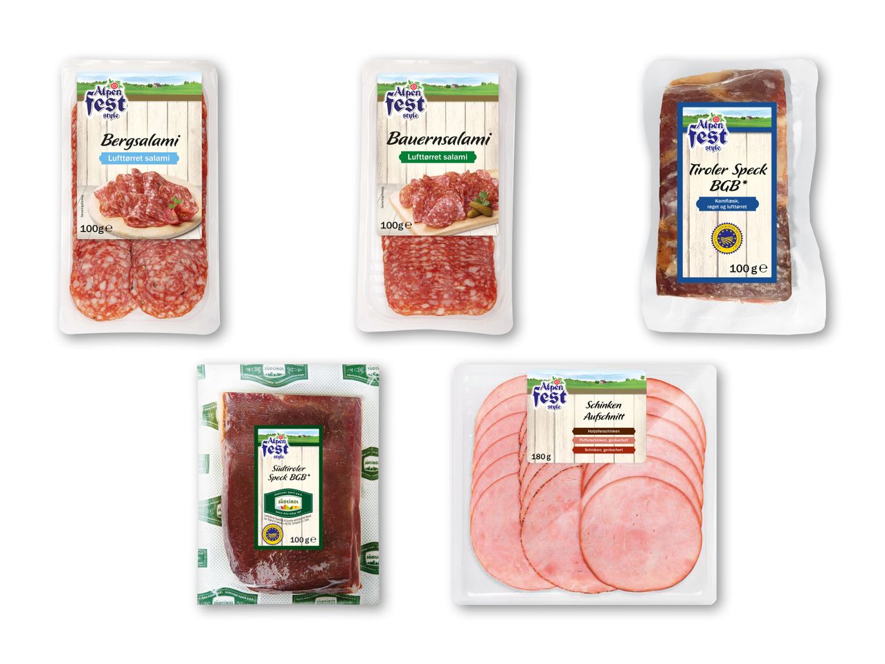 Fem pakker med forskellige typer skiveskåret pålæg, herunder salami, speck og skinke.