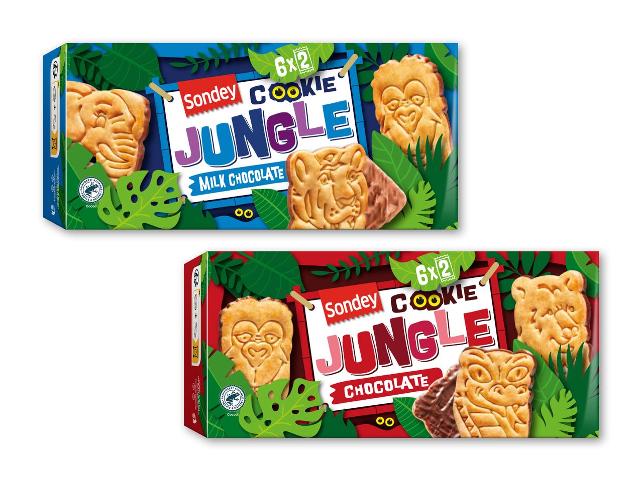 To pakker kiks med jungletema, en med mælkechokolade og en med chokolade.