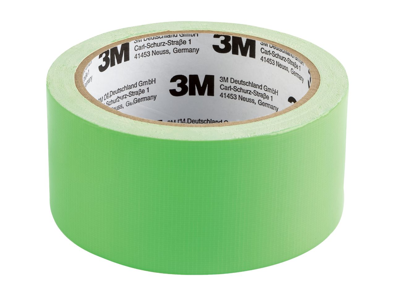 A roll of green 3M duct tape with company information printed on the core.