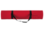 Red Crivit exercise mat with a black carrying strap.