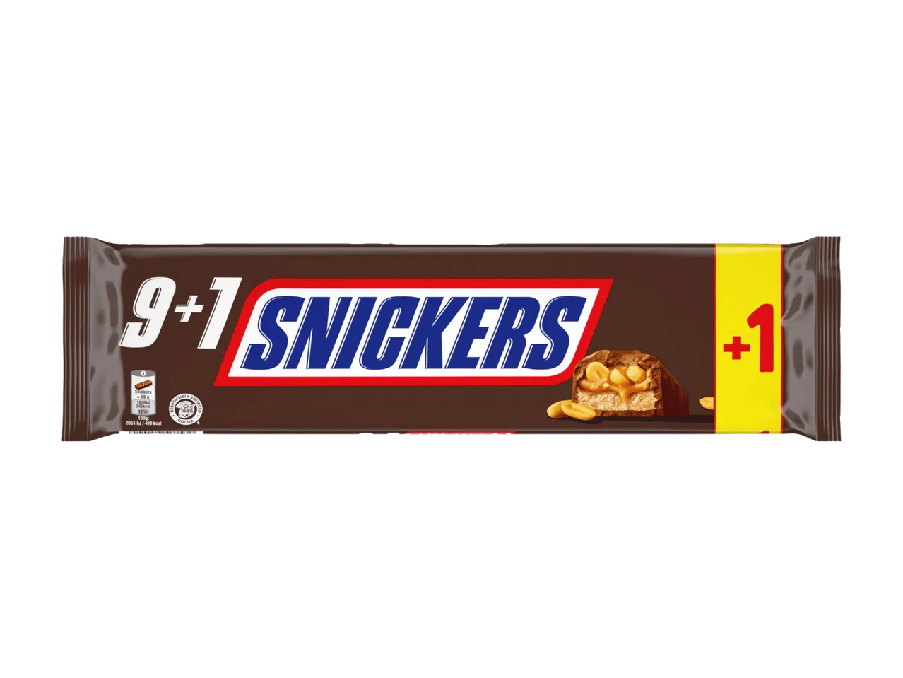Barre Snickers avec l'inscription « 9+1 Snickers » et une illustration de la barre.