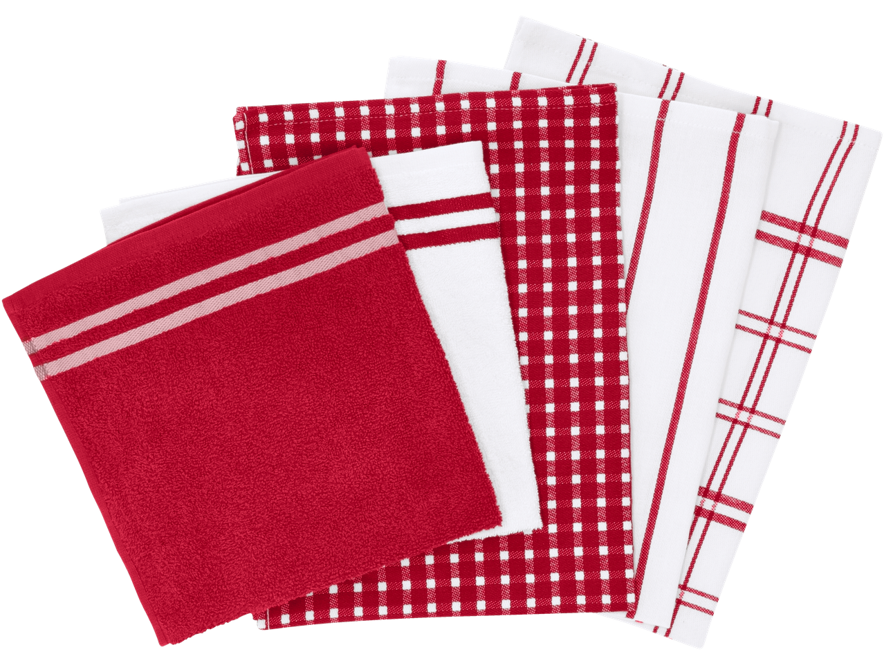 W5 Kitchen Hand Towel & Tea Towel Set with red and white striped and checkered patterns.