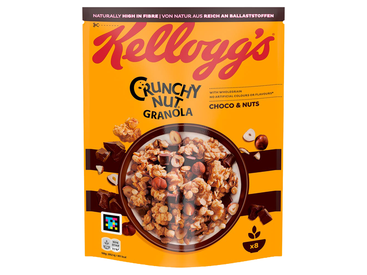 Rostban gazdag csokoládés és mogyorós granola, teljes kiőrlésű gabonával és mesterséges színezékek nélkül.