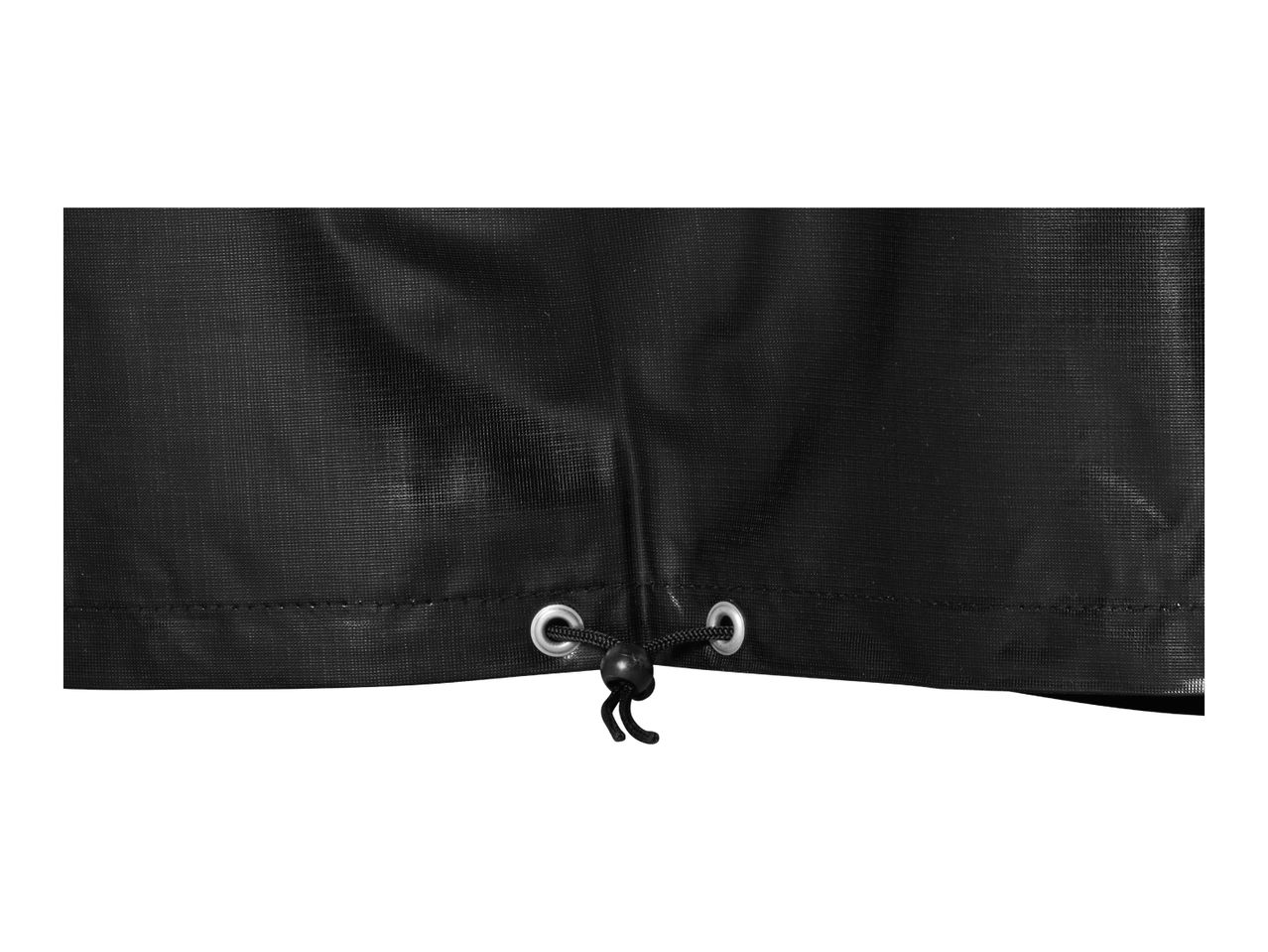 Close-up of a black protective cover with a drawstring and cord lock.