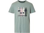 Sage green short-sleeved t-shirt with a beach-themed graphic print.