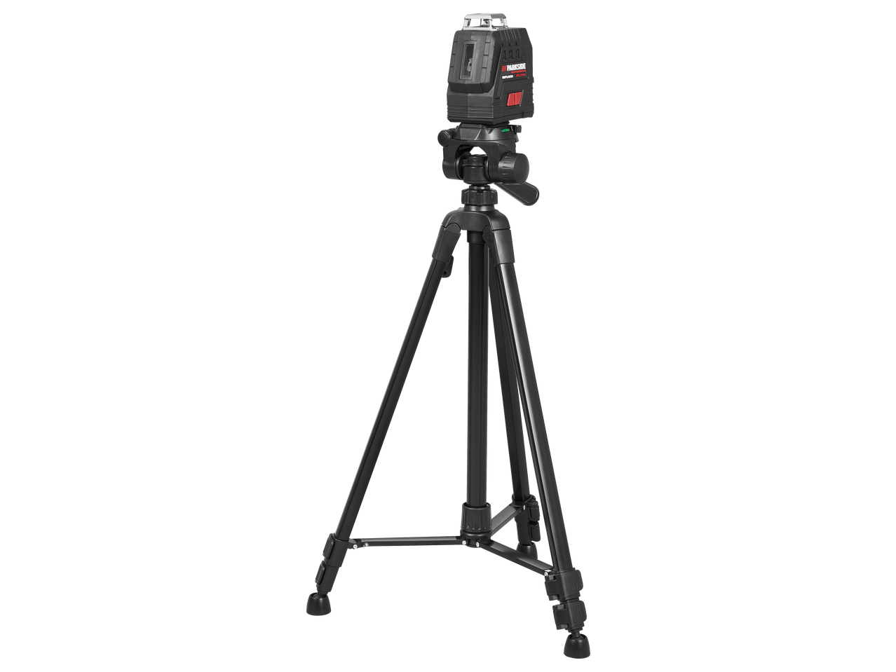 A black laser level on a tripod, with red accents and a green bubble level.