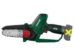 A green and black cordless mini chainsaw with a visible chain and a red adjustment knob.