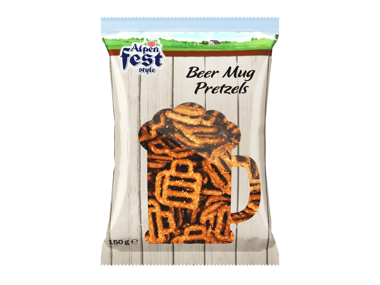 Pakkaus oluttuoppi-muotoisia pretzeleitä, jossa lukee 'Beer Mug Pretzels' ja 'Alpen Fest style'.
