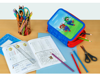 Mario and Luigi pencil case with school supplies and math workbooks on a wooden desk.