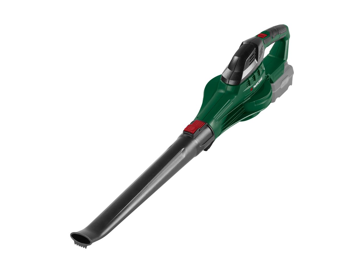 Grøn og sort batteridrevet løvblæser med et langt, smalt mundstykke.