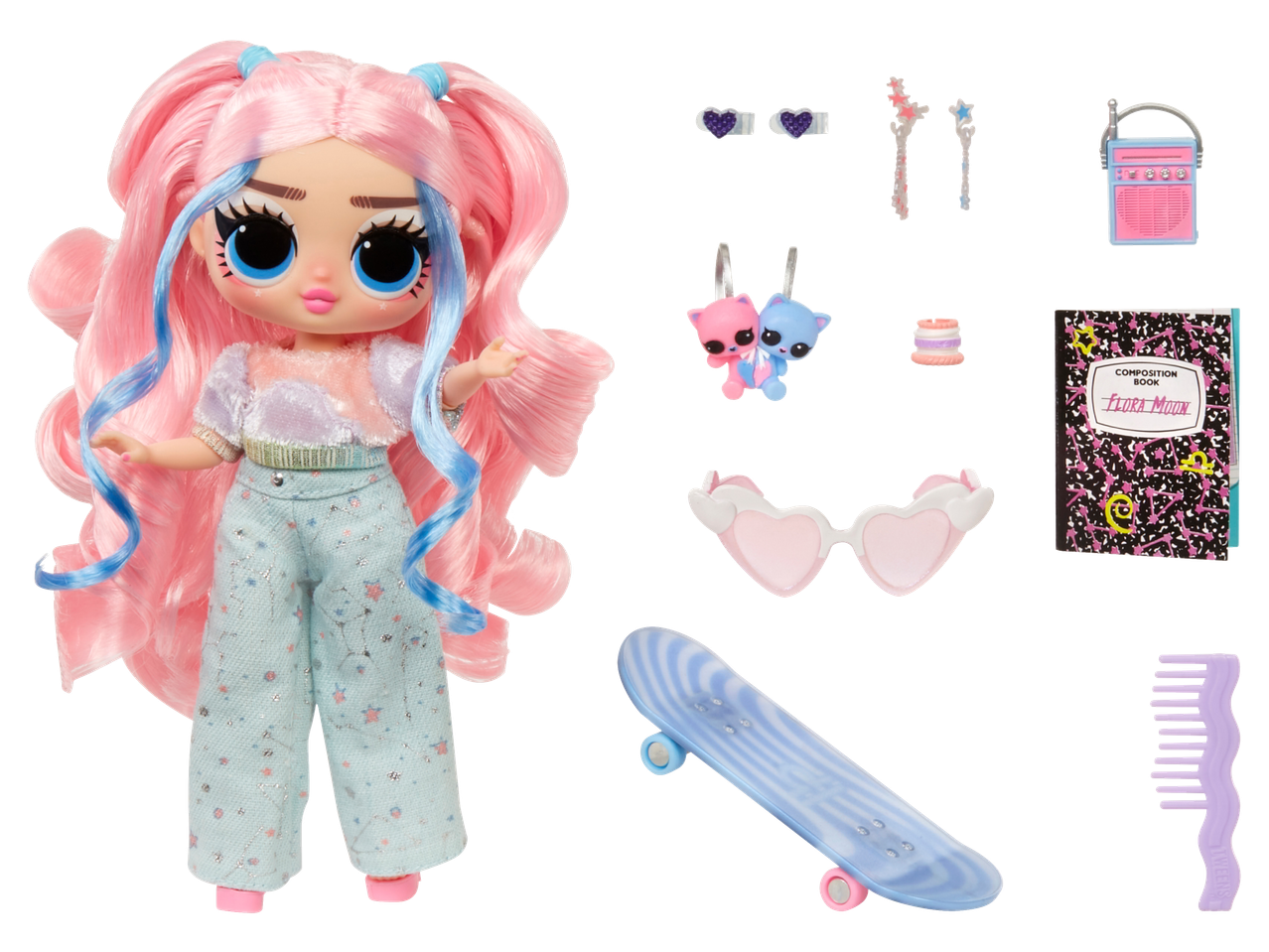 L.O.L. Lėlė lėlė su rožiniais ir mėlynais plaukais, mėlynomis kelnėmis, širdies formos akiniais nuo saulės ir aksesuarais.