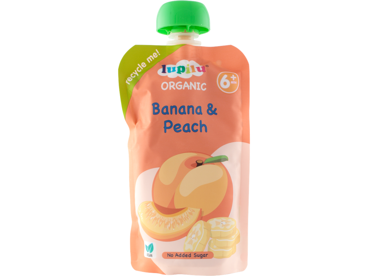 Lupilu Organic Banana & Peach baby food pouch with a green cap.