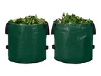 Two green garden waste bags filled with leaves.