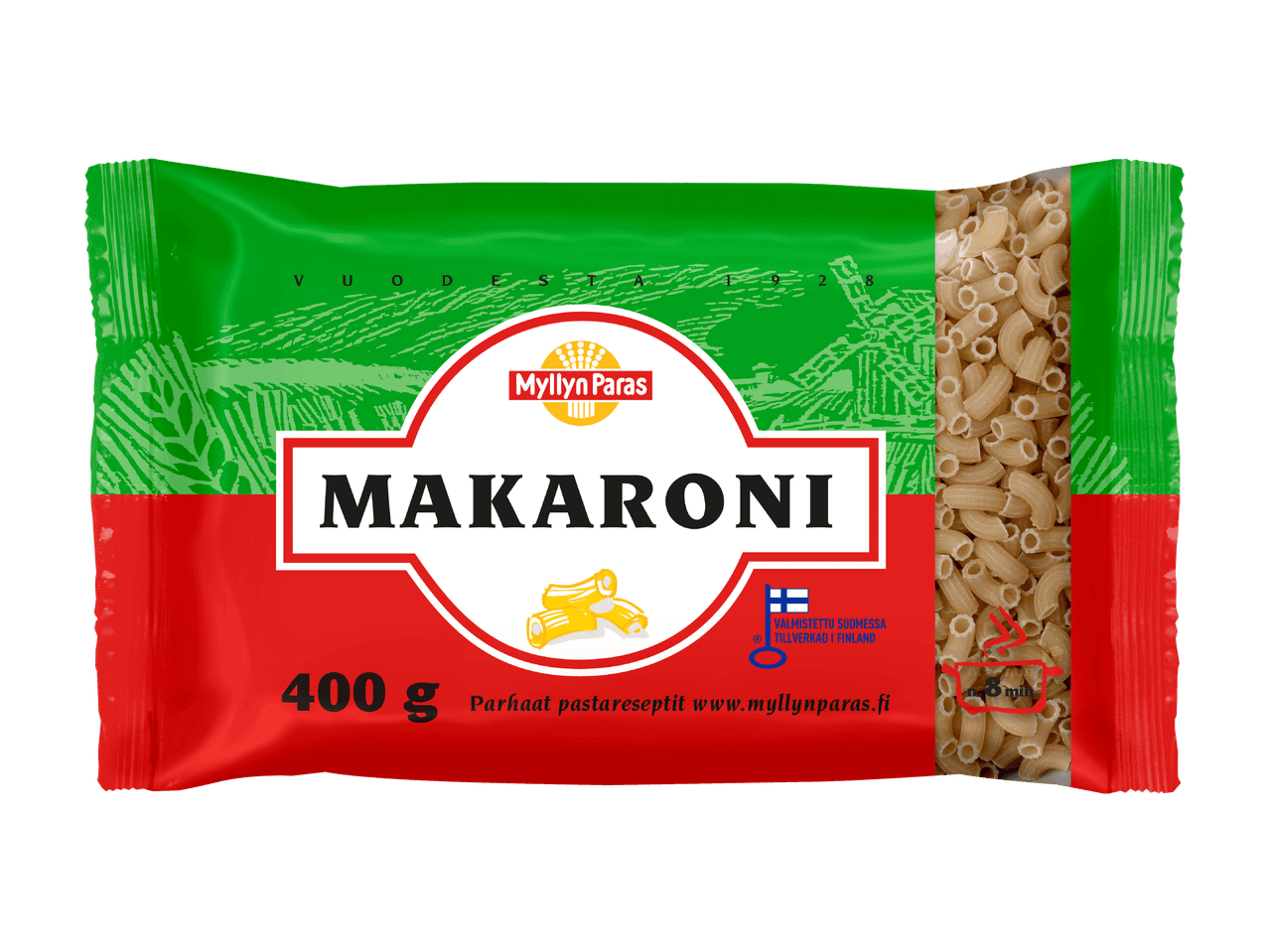Makaronipakkaus, jossa on vihreä ja punainen muotoilu, teksti 