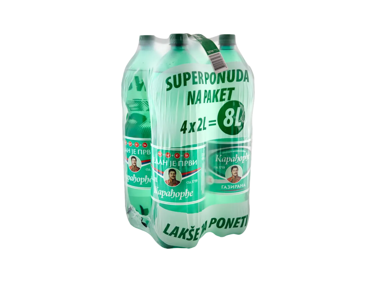Pakovanje od četiri flaše gazirane mineralne vode od 2L, ukupno 8L, sa natpisom 'SUPERPONUDA NA PAKET'.