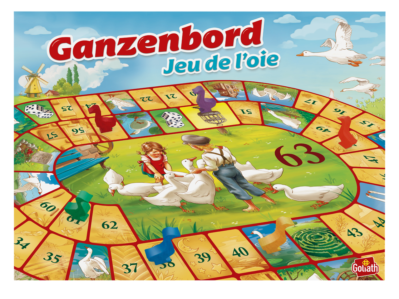 Bordspel met een ganzenbordthema, met een kronkelend pad, dobbelstenen en ganzen.