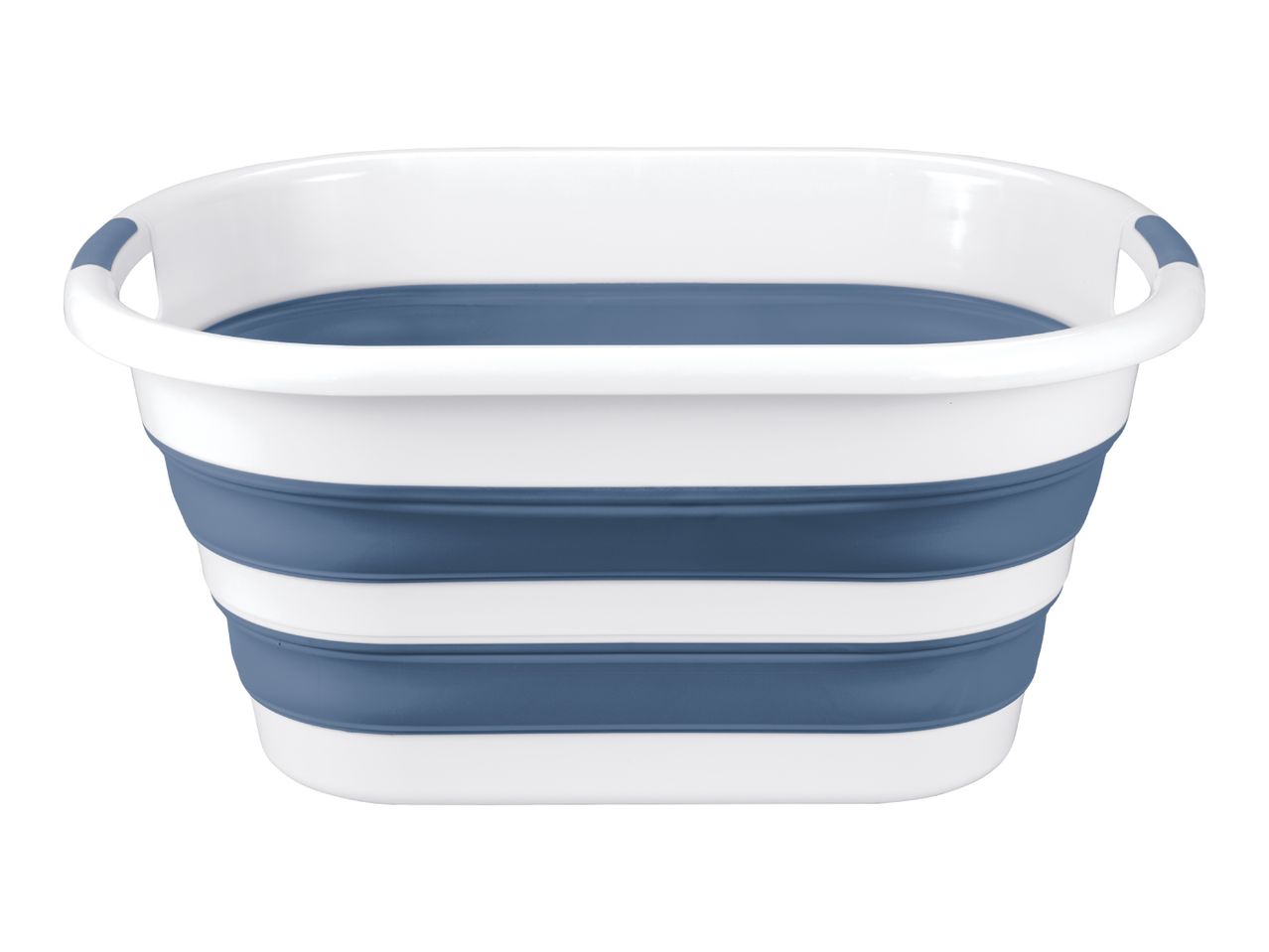 Collapsible plastic laundry basket in white and blue