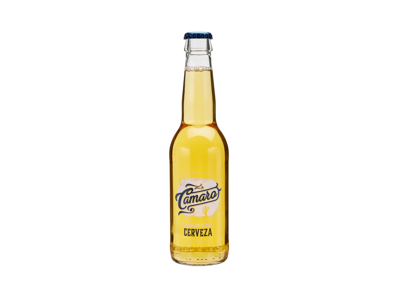 Una bottiglia di birra chiara Camarò con etichetta bianca e blu su sfondo nero.