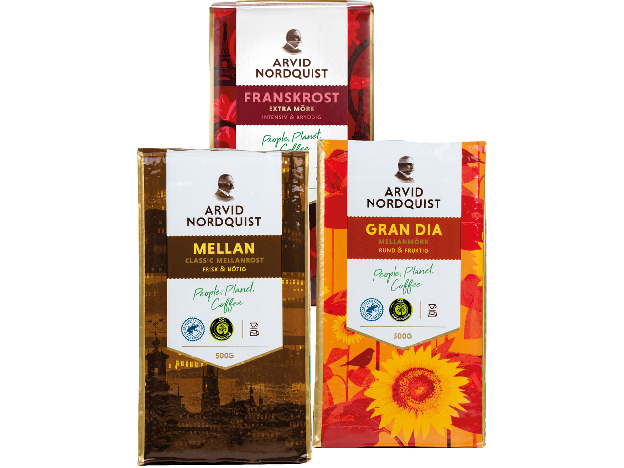Tre förpackningar med Arvid Nordquist Bryggkaffe i olika sorter Grand dia, mellanrost och Franskrost