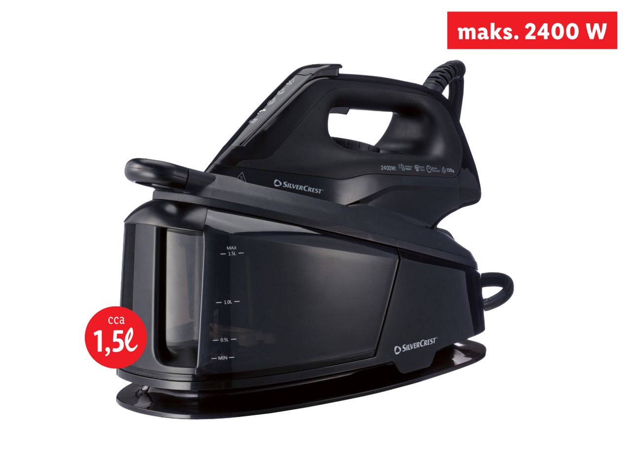 Crni parni generator SilverCrest s crvenim krugom s natpisom 'cca 1,5L'.