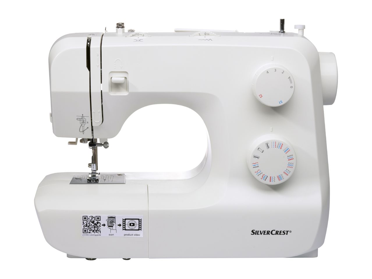 A white SilverCrest sewing machine with various dials and QR codes.