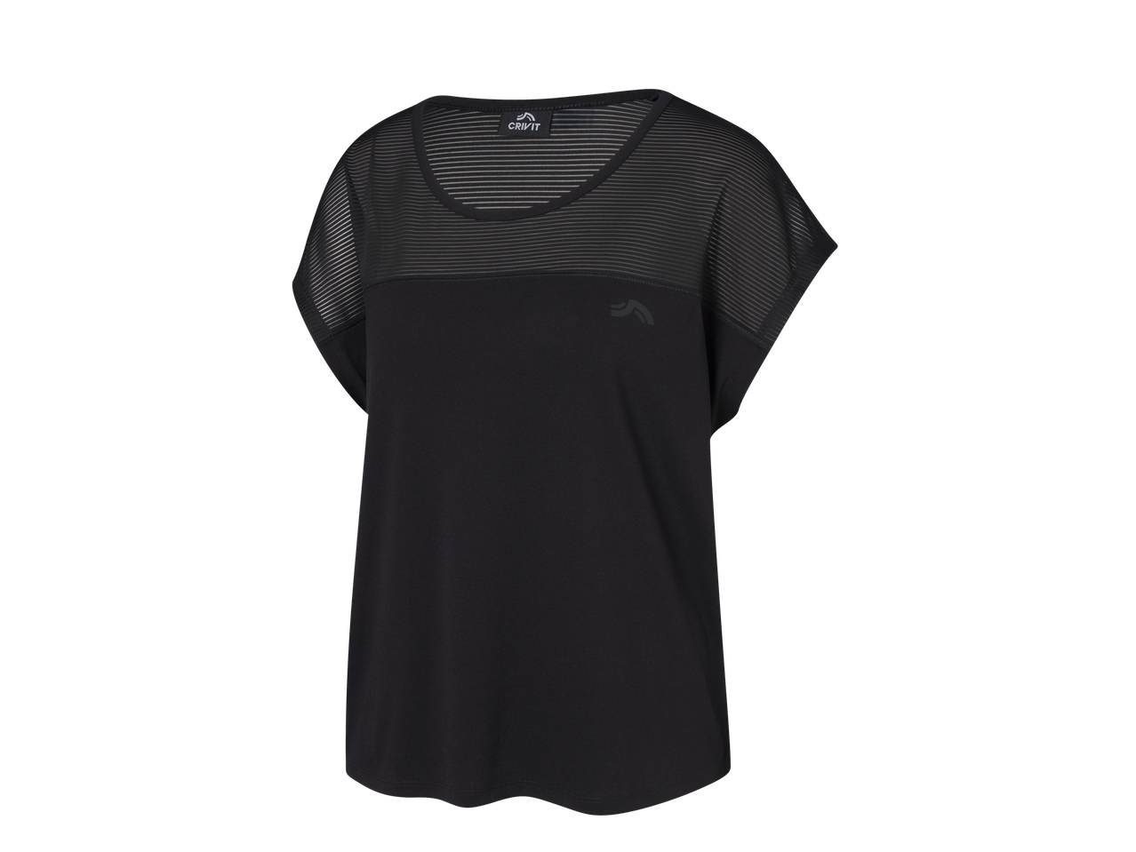 CRIVIT Ladies' Premium Sports Top in black with mesh details and logo.