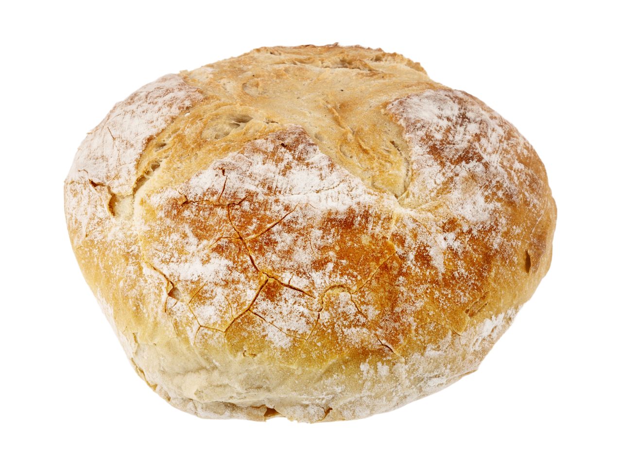 A round loaf of rustic bread, dusted with flour, on a white background.