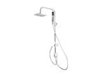 Chrome shower system with a square overhead shower, a handheld shower, and a flexible hose.