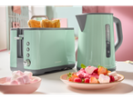 SilverCrest pastel green kettle and toaster set with breakfast treats.