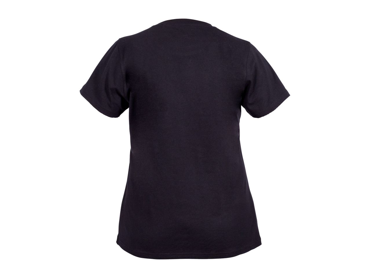 Back view of a plain black short-sleeved t-shirt.