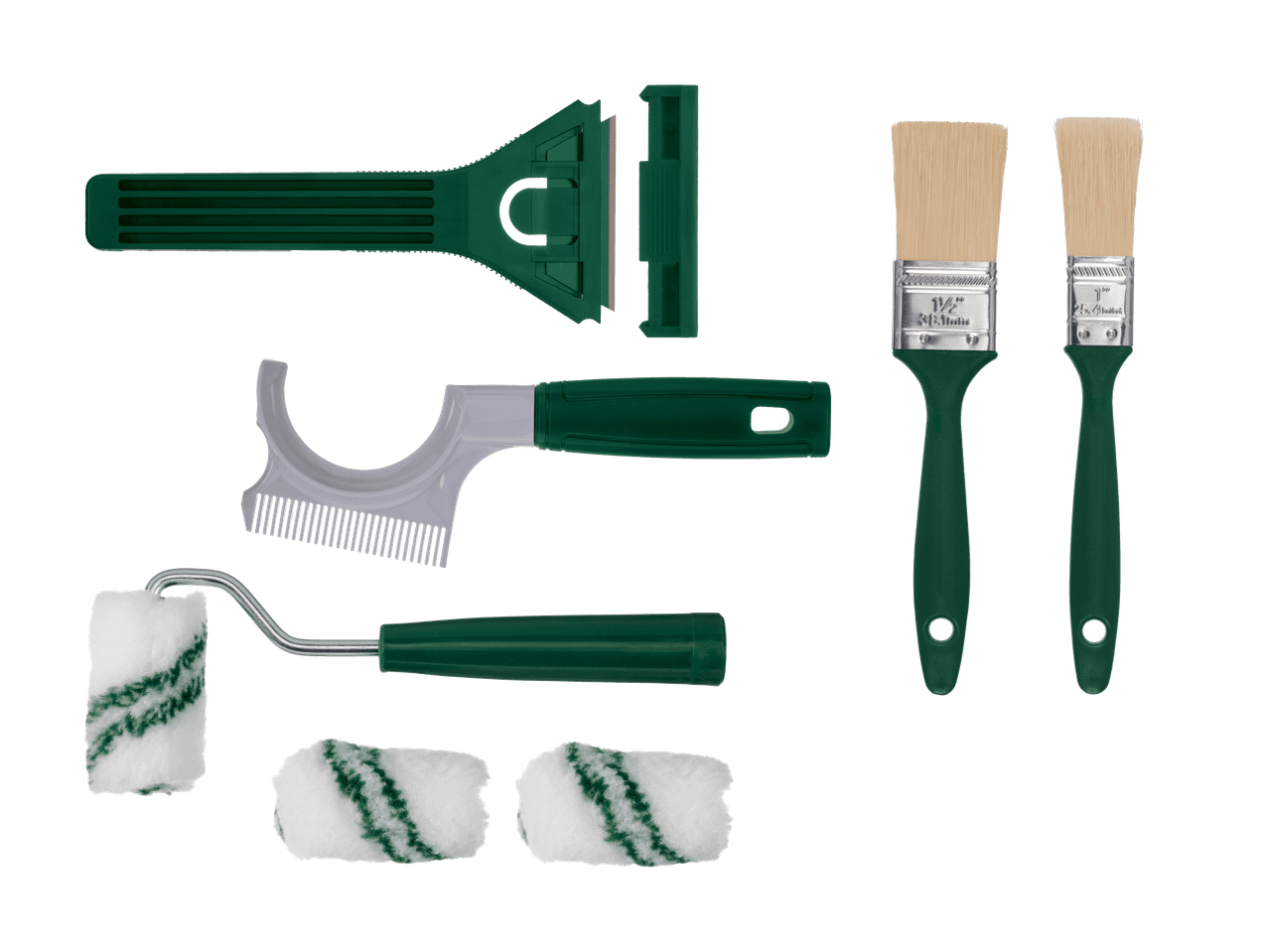Ensemble de pinceaux, rouleaux et grattoirs de peinture verts et blancs.