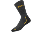 A single dark grey Caterpillar sock with yellow accents.