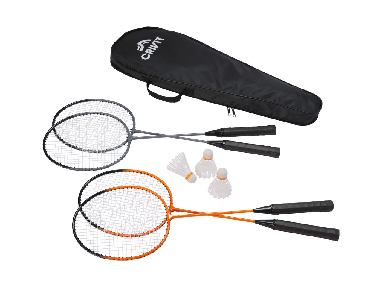 Two pairs of badminton rackets (grey and orange), three shuttlecocks, and a black carry bag.