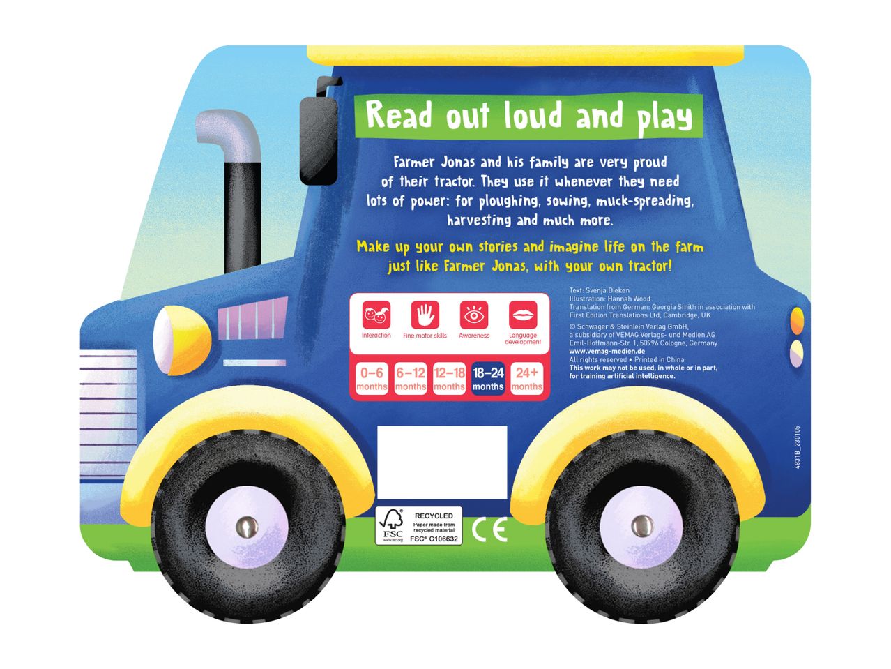A blue tractor-shaped children's book with text about farming and developmental milestones.