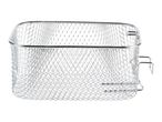 Silver metal deep fryer basket with a wire mesh design and two handles.