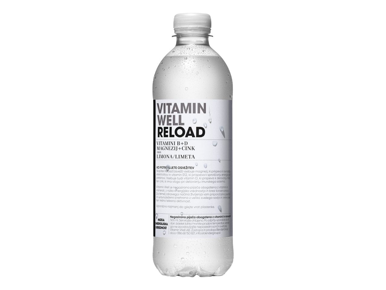 Steklenica Vitamin Well Reload z okusom limone/limete, obogatena z vitamini in minerali.